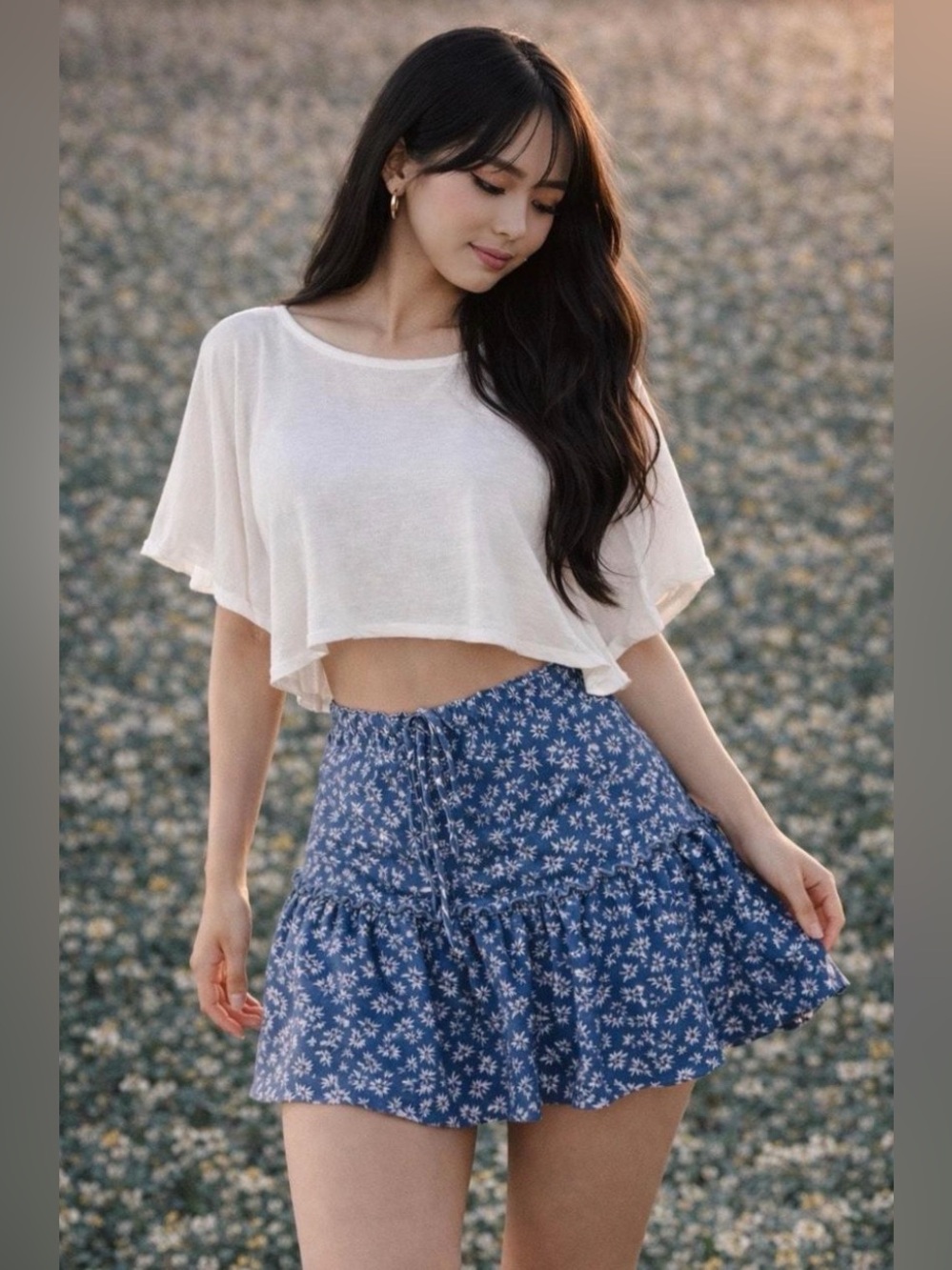 Brandy Melville Blue Floral Ruffle Mini Skirt One Size